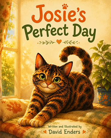 Josie’s Perfect Day children’s book cover featuring Josie, a tortoiseshell cat, stretching on a cozy window seat in warm sunlight.