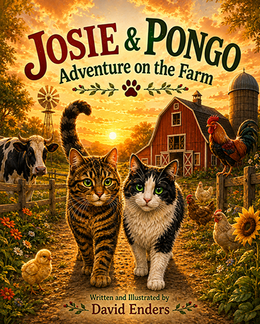 Book cover of Josie & Pongo: Adventure on the Farm by David Enders, featuring Josie and Pongo walking together on a sunny farm path surrounded by a cow, rooster, chickens, a chick, barn, silo, and wildflowers.