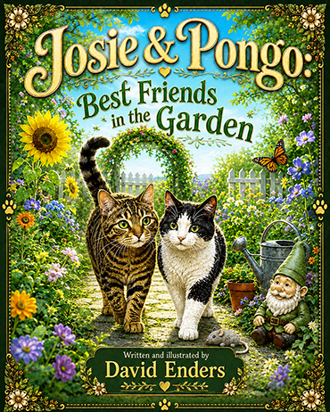 Josie & Pongo: Best Friends in the Garden children’s book cover featuring Josie and Pongo walking together through a colorful flower garden with a butterfly and garden gnome.