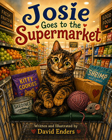 Josie Goes to the Supermarket children’s book cover featuring Josie, a tortoiseshell cat, sitting in a shopping cart surrounded by groceries, kitty cookies, sardines, yarn, and a little gray mouse.
